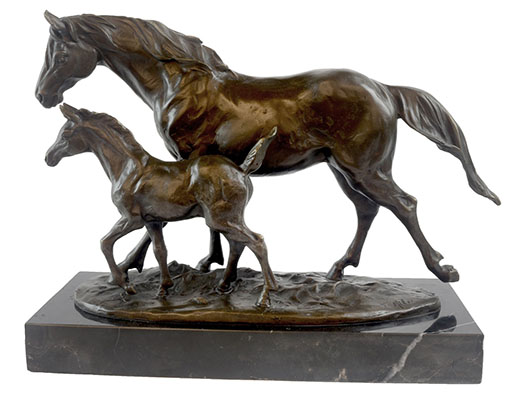 Horse & Foal Running Bronze Sculpture On Marble Base